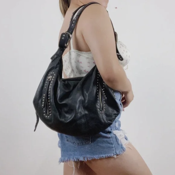 Silver Studded Black Leather Bag
